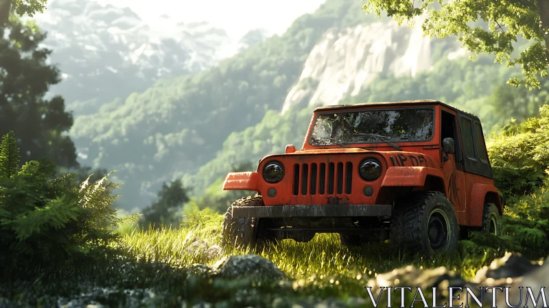 Red off-road vehicle is parked on dense forest terrain