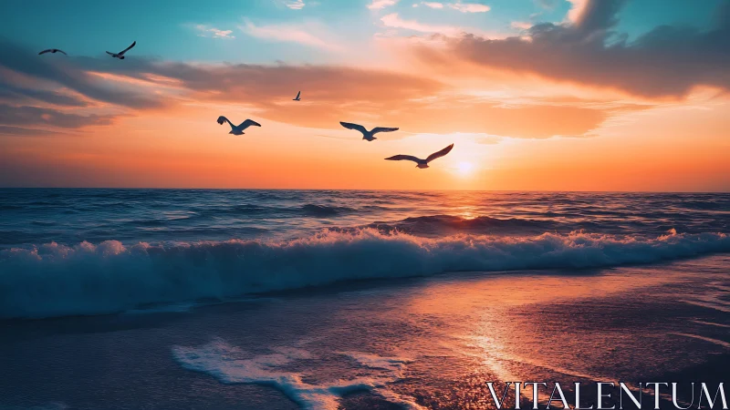 Colorful sunset over ocean waves with flying seabirds.