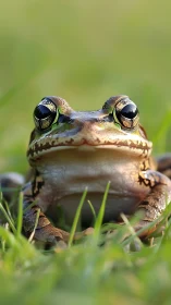 Close frontal macro view records a frog on grass