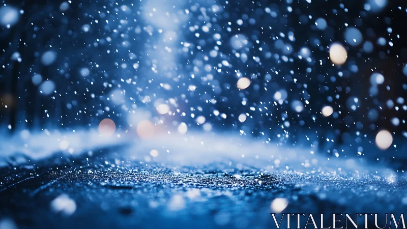 Shallow depth of field captures falling snow over wet asphalt