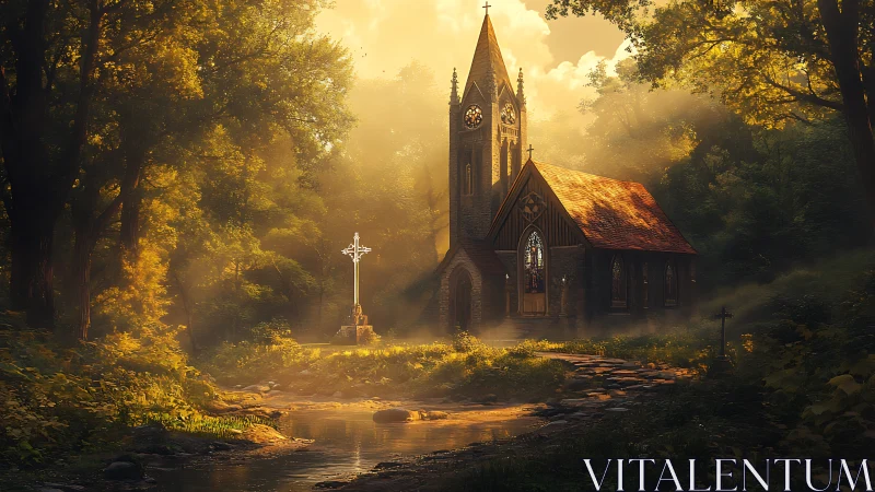 Gothic chapel stands in wooded clearing with stream foreground