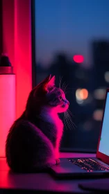 Cat watching laptop screen under pink neon window light.