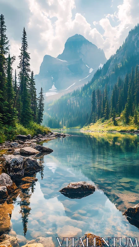 Mountain lake with pine forest and clear water reflection.