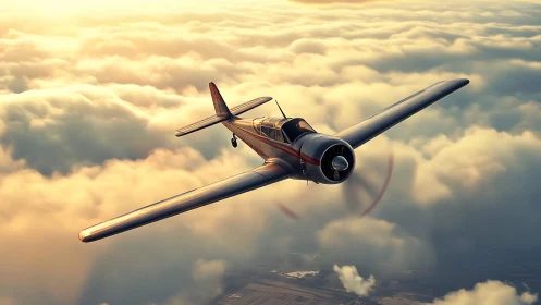 Monoplane trainer aircraft slicing dusk-illumined stratocumulus.