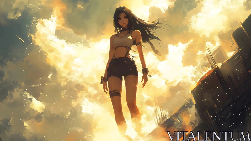 Stormlit anime warrior strides through burning skyline.