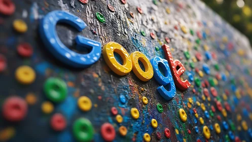 Chromatic Google letters tumble across a playful button galaxy