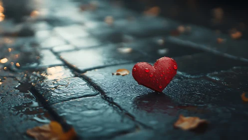 Red heart on wet asphalt with water droplets and fallen leaves.