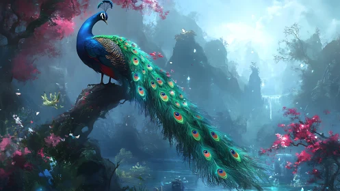 Iridescent peacock on mossed branch in misty fantasy gorge