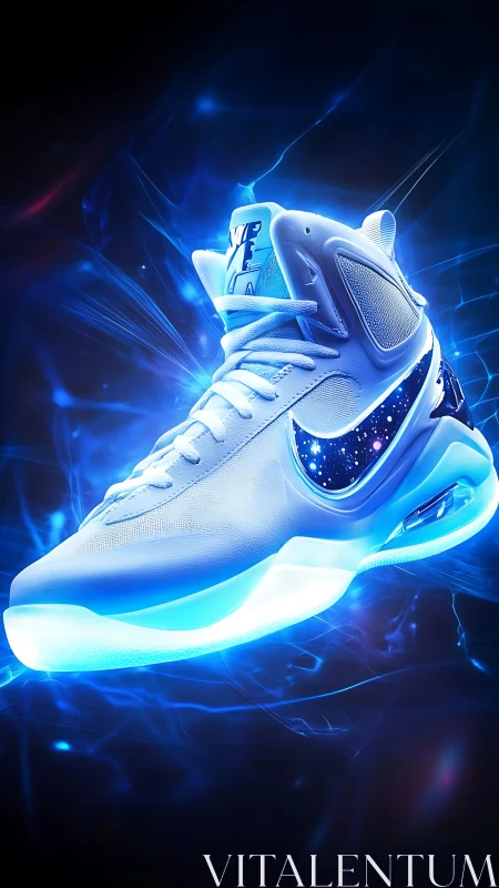 Futuristic athletic shoe is rendered with luminous blue effects