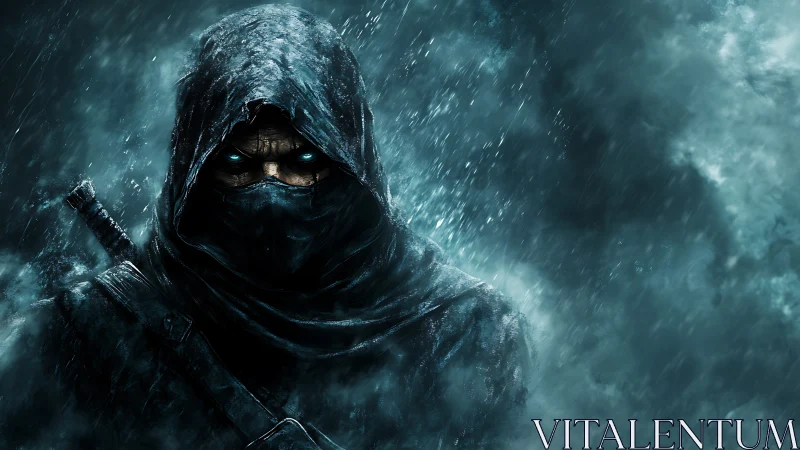 Hooded rogue in rainstorm rendered as high-contrast digital art