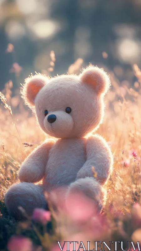 Sunlit plush bear daydreaming in a rosy wildflower meadow.