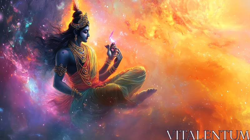 Figure in ornate attire sits within luminous nebula field