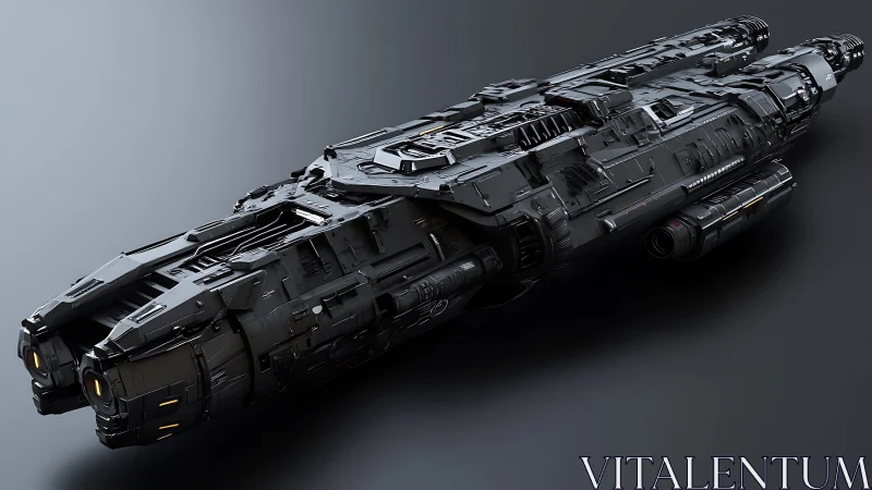 Sleek black star cruiser glides through a stark void