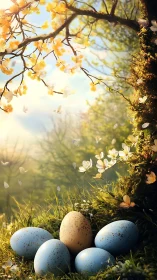 Spring nest still life with speckled eggs under blossoms.