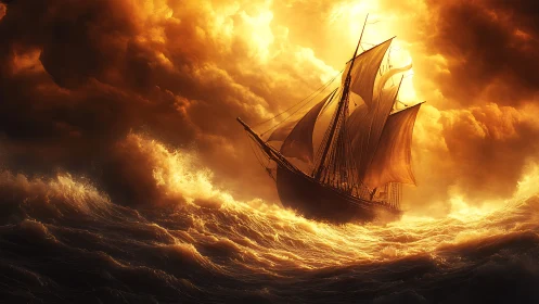 Fiery sunset engulfs a lone ship battling storm waves.