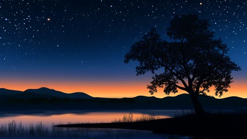 Lone lakeside tree under starry blue dusk sky horizon.