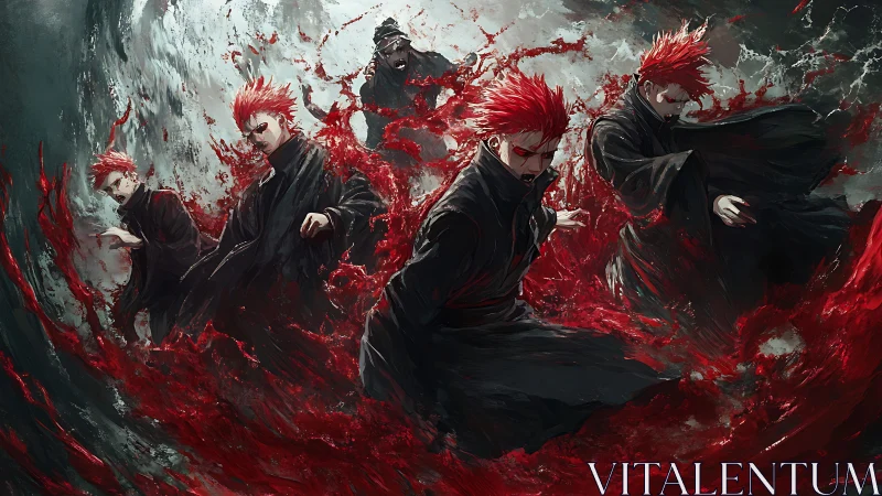 Red‑haired warriors command a raging crimson energy storm