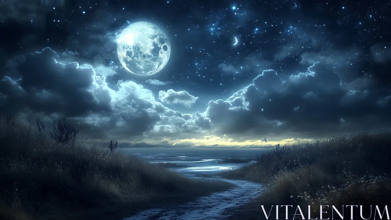 Moonlit shoreline dream welcomes quiet night wanderers