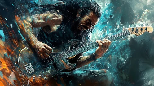 Fierce rock bassist shreds electric guitar in storm colors.