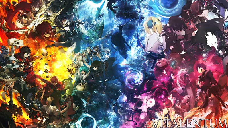 Elemental anime warriors clash in a cosmic, swirling battlefield.