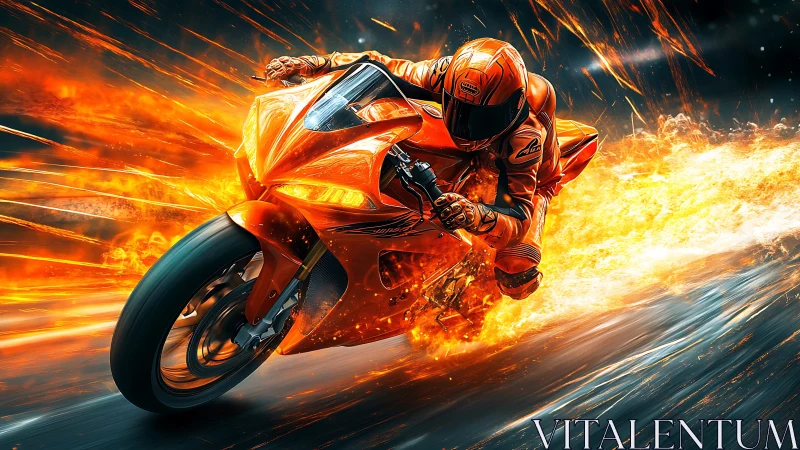 Flaming sport motorcycle racing through explosive fire trail.