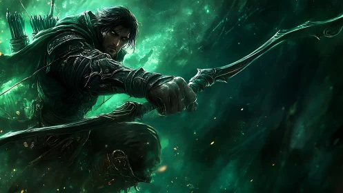 Armored archer drawing bow in green atmospheric field.