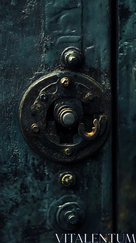 Rustic mechanical lock assembly occupies a vertical metal panel