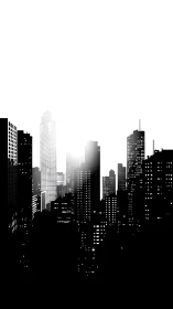 Monochrome high rise city skyline silhouette at sunrise.