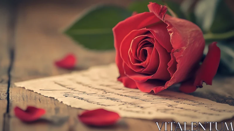 Crimson rose on handwritten letter with fallen petals.