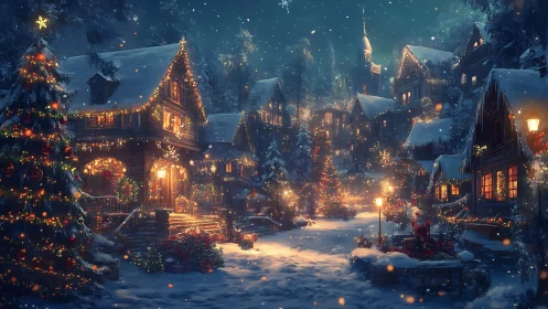 Snowy village street glows with festive Christmas lights.