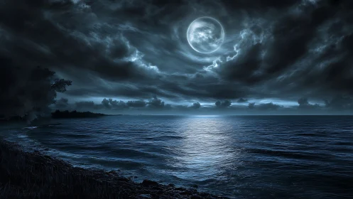 Full moon over dark ocean under dense cloud cover at night.