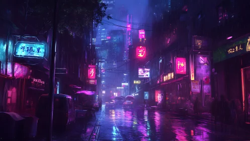 Neon rainstorm sketches a cyberpunk alley of liquid light.
