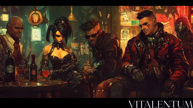 Cyberpunk mercenaries brood in a neon‑lit underground bar.