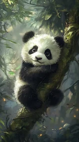 Digital painting of baby panda clinging to misty forest tree trunk.