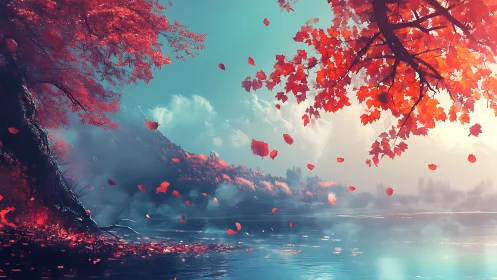 Crimson autumn canopy frames a misty cyan lakescape