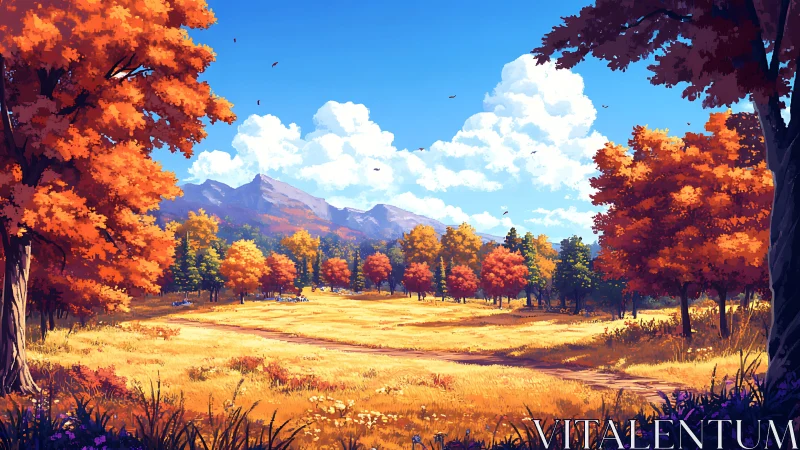 Crimson maples ring a golden valley beneath wandering clouds.