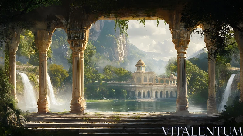 Riverside palace complex framed by ruins and waterfalls.