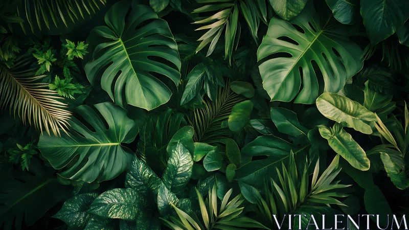 Dense arrangement of tropical foliage leaves in shadowed light.