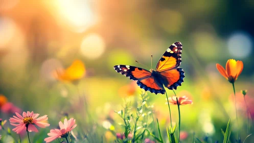 Butterfly hovers above wildflowers in shallow depth of field