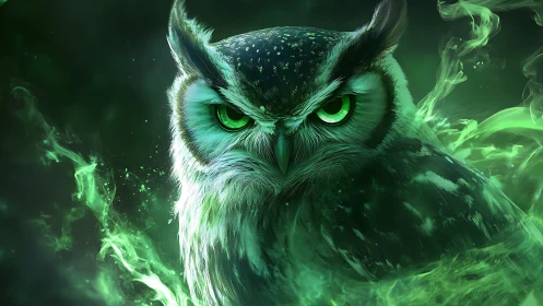 Green luminous owl portrait with swirling abstract smoke.
