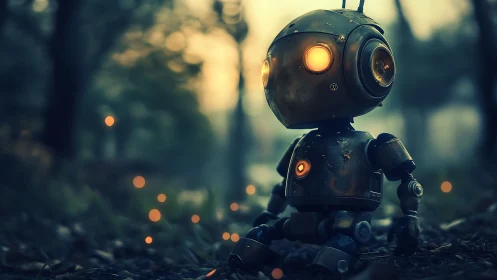 Lonely forest robot glows warmly in a dreamy twilight haze