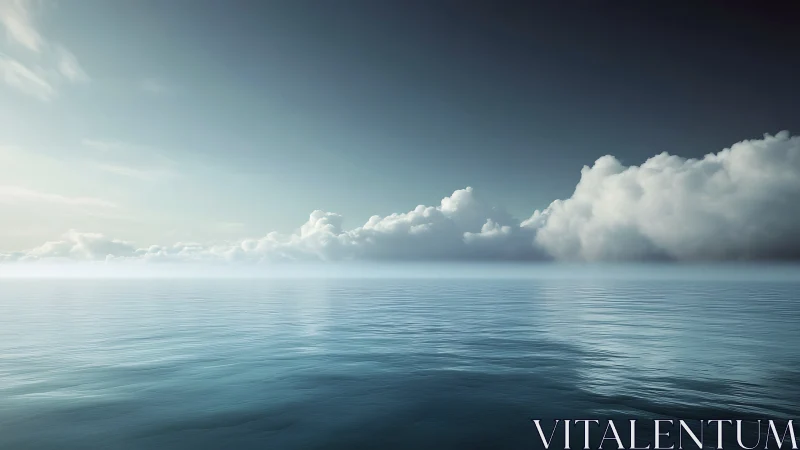 Calm ocean horizon meets dense clouds under soft blue sky