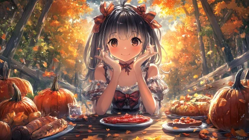 Autumn feast daydream with pumpkin pies and rosy-cheeked girl.