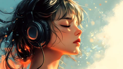 Young woman with headphones in soft digital portrait.
