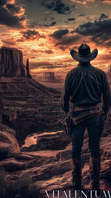 Solitary cowboy overlooking desert canyon at sunset horizon.