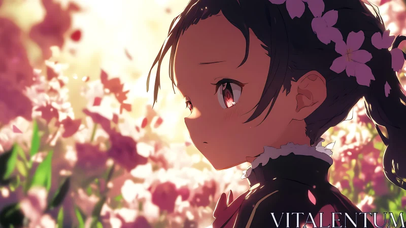 Anime girl in dark dress within dense pink flower field.