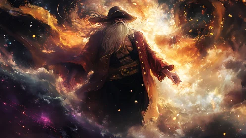 Celestial pirate sorcerer commands swirling stellar inferno.