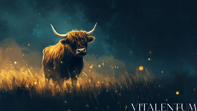 Highland bull in luminous night meadow with fireflies glow.