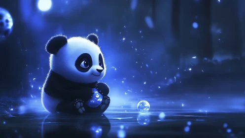 Bioluminescent blue-lit panda cub holding glowing orb at night