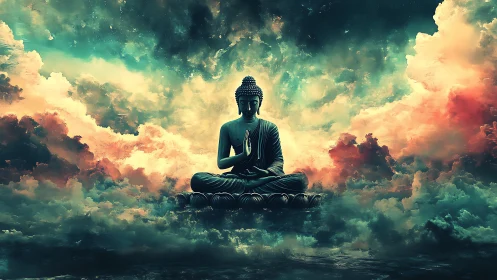 Serene Buddha meditation amid luminous celestial clouds.